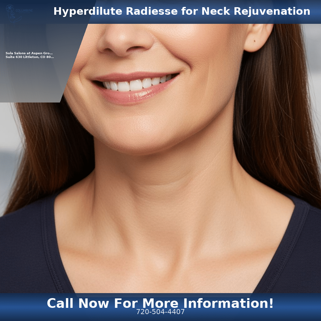 Woman with smooth neck and décolletage after hyperdilute Radiesse skin laxity treatment Littleton CO.