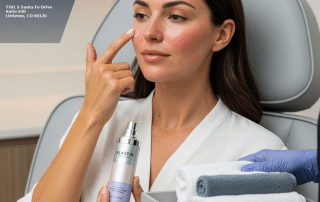 Patient applying Alastin Regenerating Skin Nectar after microneedling treatment at a Colorado medical spa
