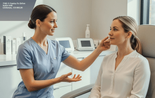 Nurse practitioner performing facial assessment for dermal fillers at Columbine Aesthetics in Littleton CO
