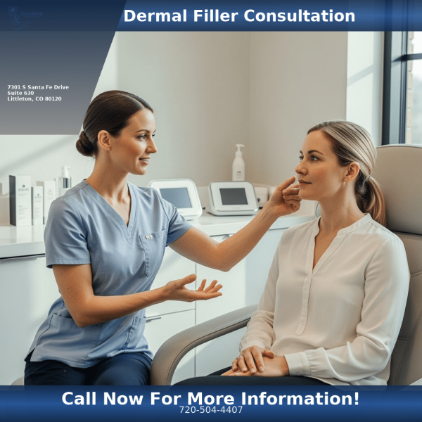 Nurse practitioner performing facial assessment for dermal fillers at Columbine Aesthetics in Littleton CO