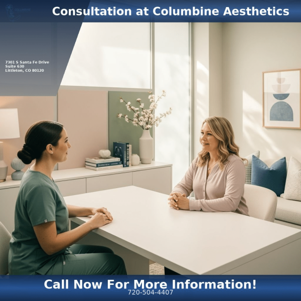 First medspa consultation at Columbine Aesthetics in Littleton CO — provider reviewing patient goals before injectable treatment