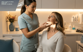 Nurse practitioner assessing patient jawline for filler or Hyperdilute Radiesse treatment at Columbine Aesthetics Littleton CO