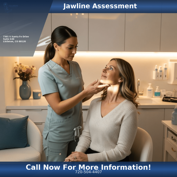 Nurse practitioner assessing patient jawline for filler or Hyperdilute Radiesse treatment at Columbine Aesthetics Littleton CO