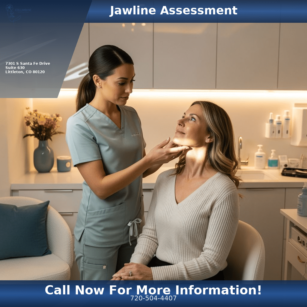 Nurse practitioner assessing patient jawline for filler or Hyperdilute Radiesse treatment at Columbine Aesthetics Littleton CO
