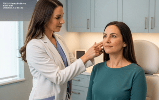 Nurse practitioner evaluating facial volume loss in a patient after GLP-1 weight loss at a Littleton CO medspa