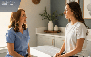 Nurse practitioner consulting a patient in her 20s about preventive neuromodulator injections at Columbine Aesthetics in Littleton CO