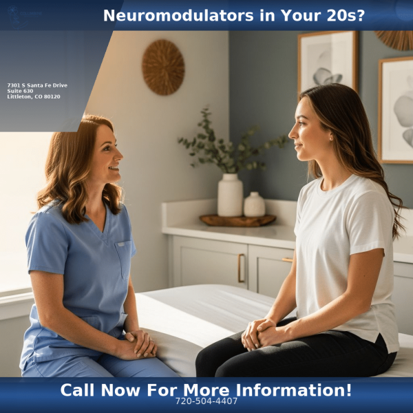 Nurse practitioner consulting a patient in her 20s about preventive neuromodulator injections at Columbine Aesthetics in Littleton CO
