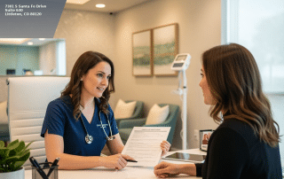 Nurse practitioner reviewing weight loss consultation paperwork with a patient at Columbine Aesthetics in Littleton CO