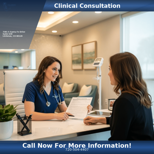Nurse practitioner reviewing weight loss consultation paperwork with a patient at Columbine Aesthetics in Littleton CO